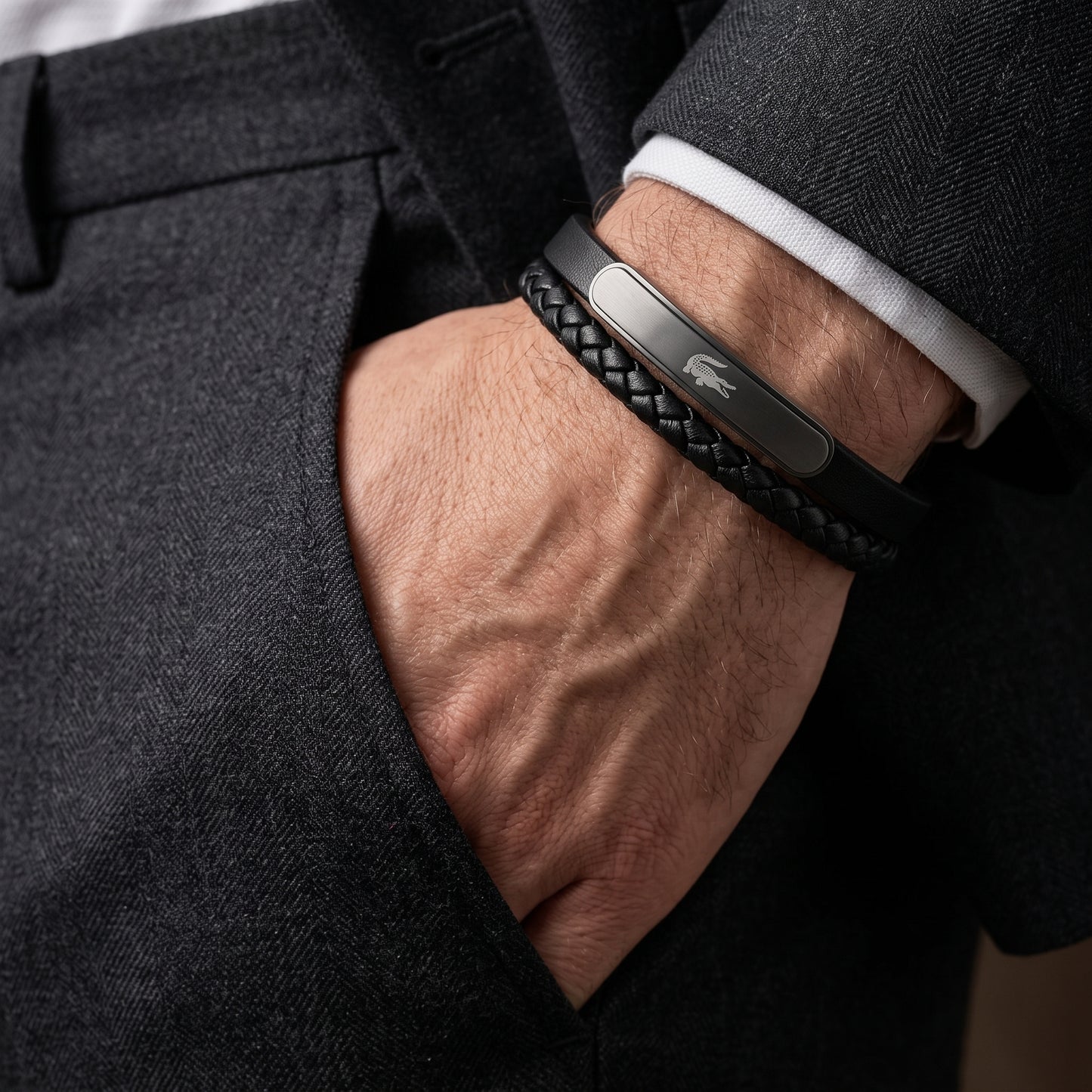 Lacoste Men's Double-Strand Black Leather & Gunmetal Steel Bracelet