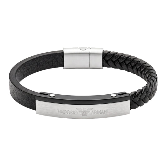 Emporio Armani Men's Black Braided & Pebbled Leather Bracelet with Two-Tone Steel Plate