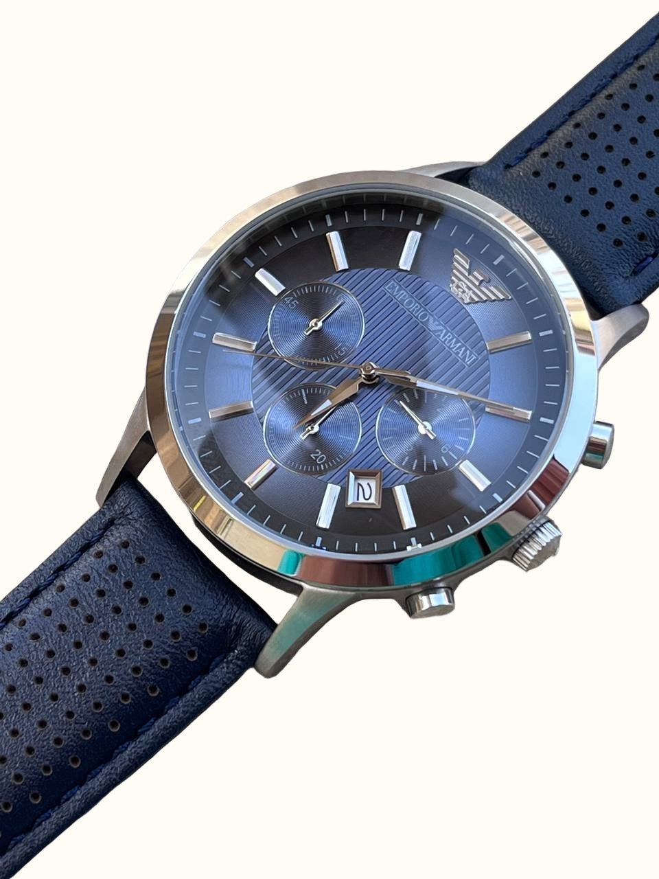 ساعة ريناتو كلاسيك كرونوغراف للرجال بمينا زرقاء وحزام جلدي أسود