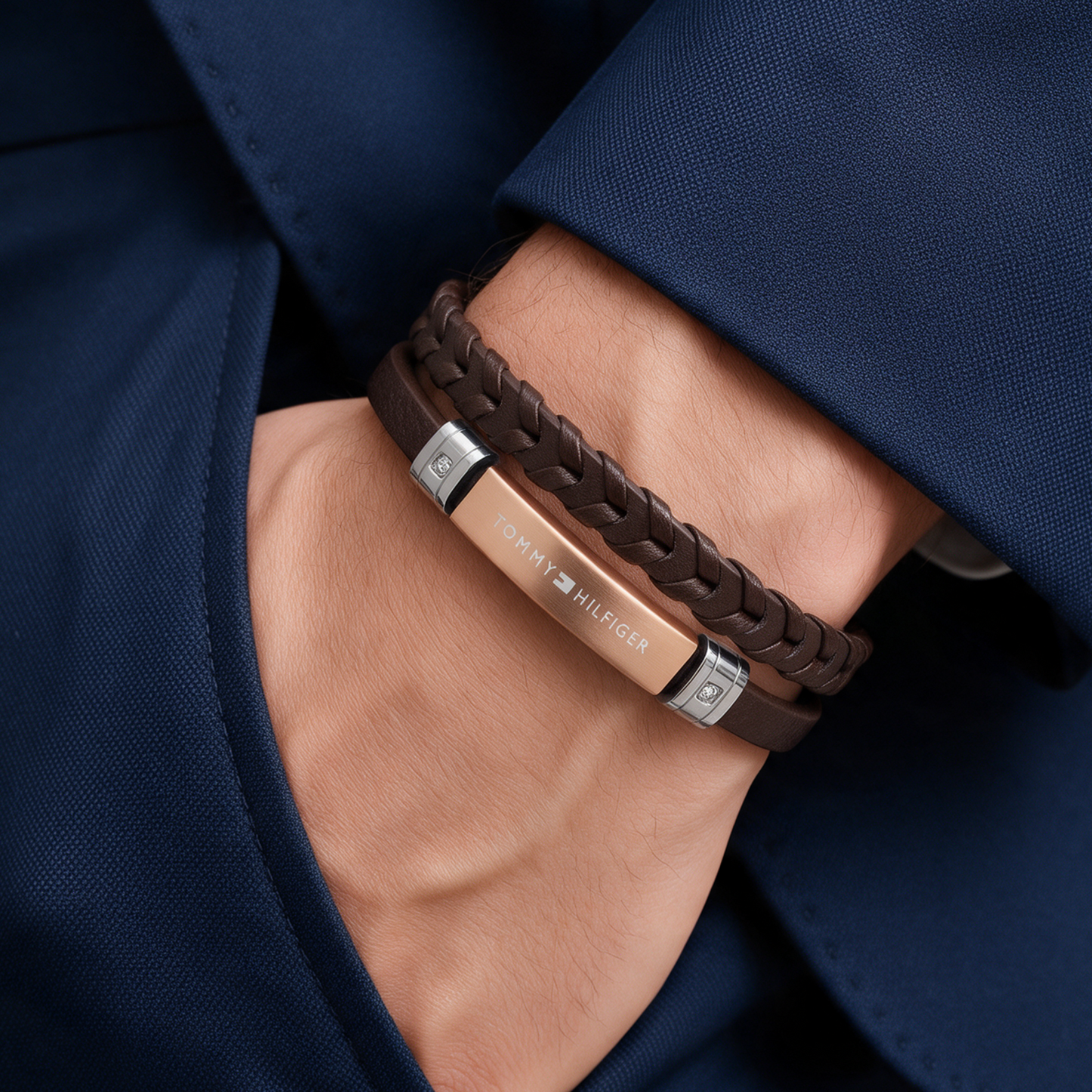 Tommy Hilfiger Double-Strand Brown Leather & Rose Gold Steel Bracelet