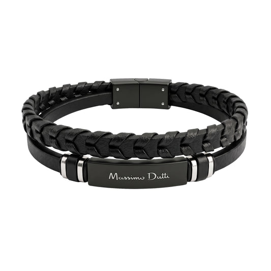 Massimo Dutti Men's Black Double-Strand Leather & Matte Black Steel Bracelet