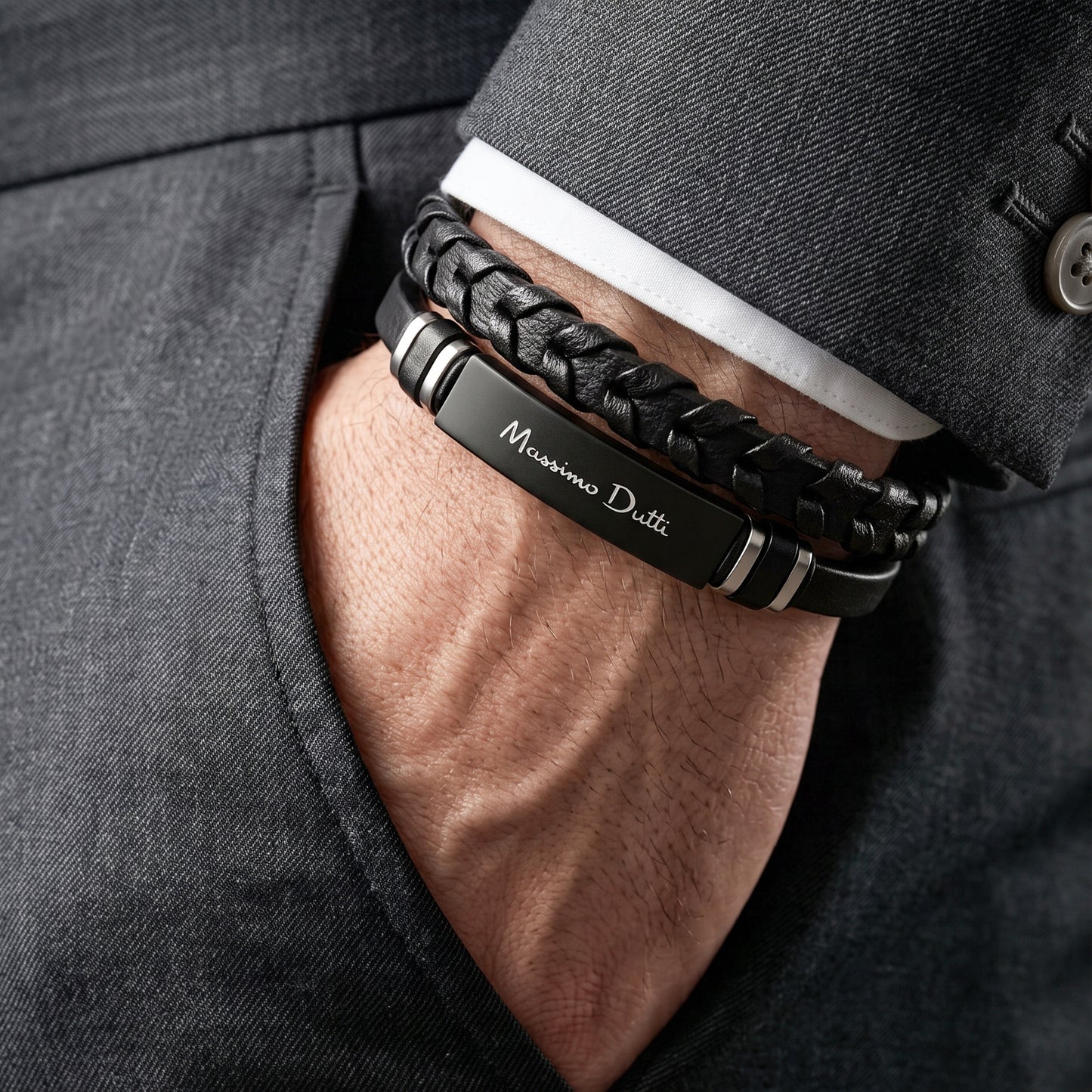 Massimo Dutti Men's Black Double-Strand Leather & Matte Black Steel Bracelet