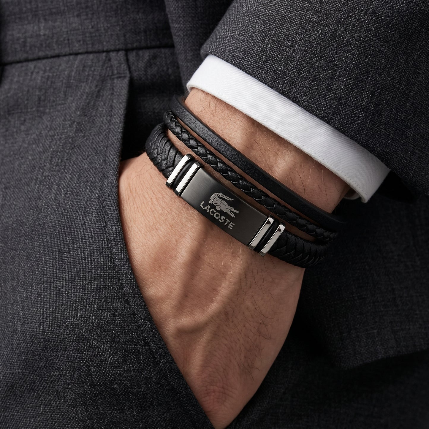 Lacoste Men's Triple-Layer Black Leather & Gunmetal Plaque Bracelet