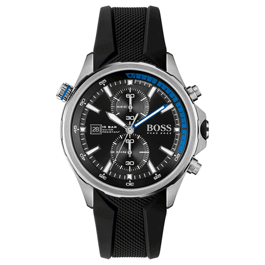 Black effect chronographs watch with textured silicone strap
