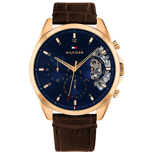 ساعة تومي هيلفيغر كوارتز متعددة الموانئ للرجال مع حزام جلدي