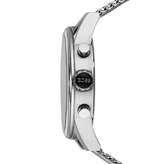 ساعة بوس كوارتز للرجال بمينا سوداء وسوار من الستانلس ستيل باللون الفضي