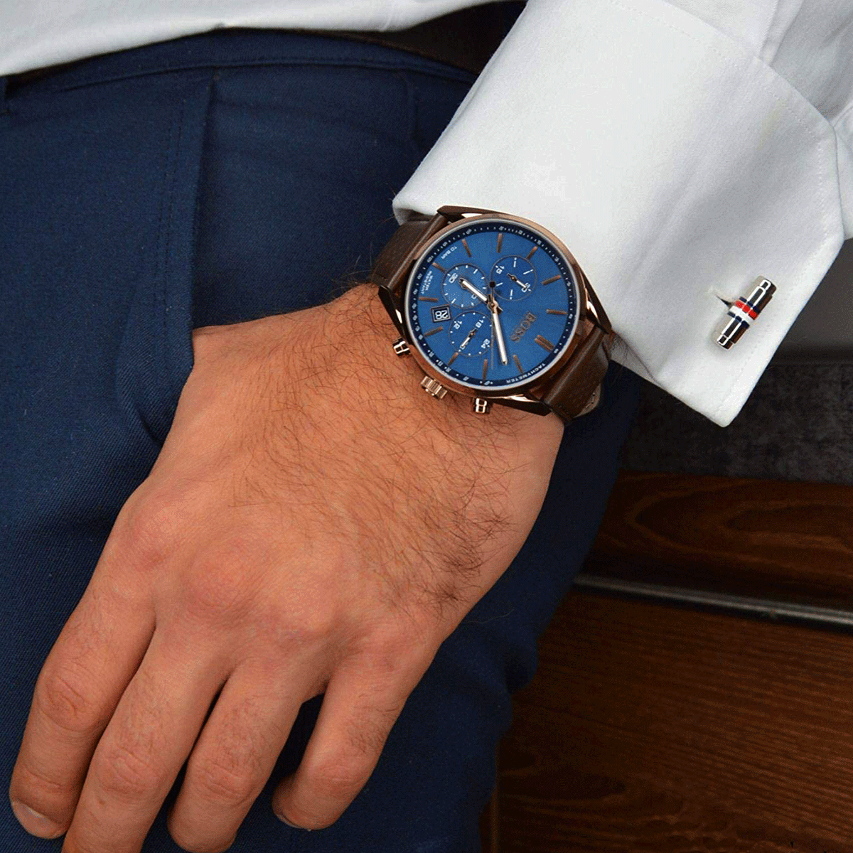 Men's Watch Brown Leather Strap Blue Dial | 1513817