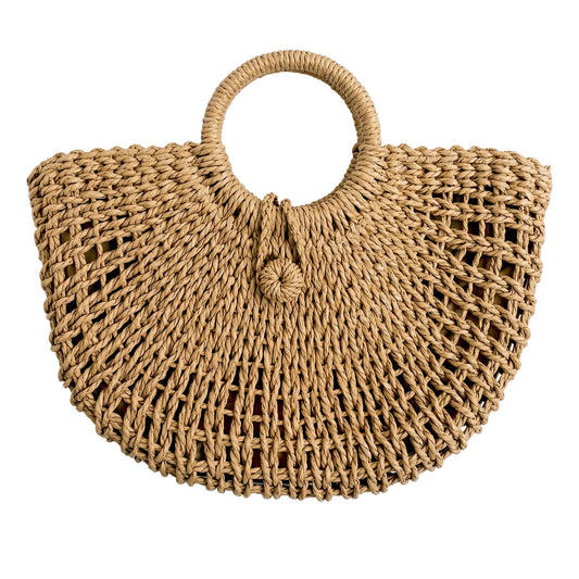 Woven Premium Straw Half-Moon Tote Bag with Built-In Lock