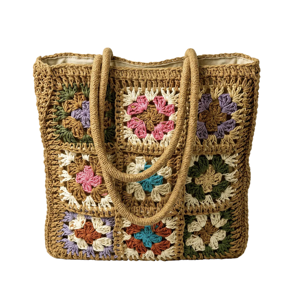 The Artisan Woven Straw Tote with Granny Square Details