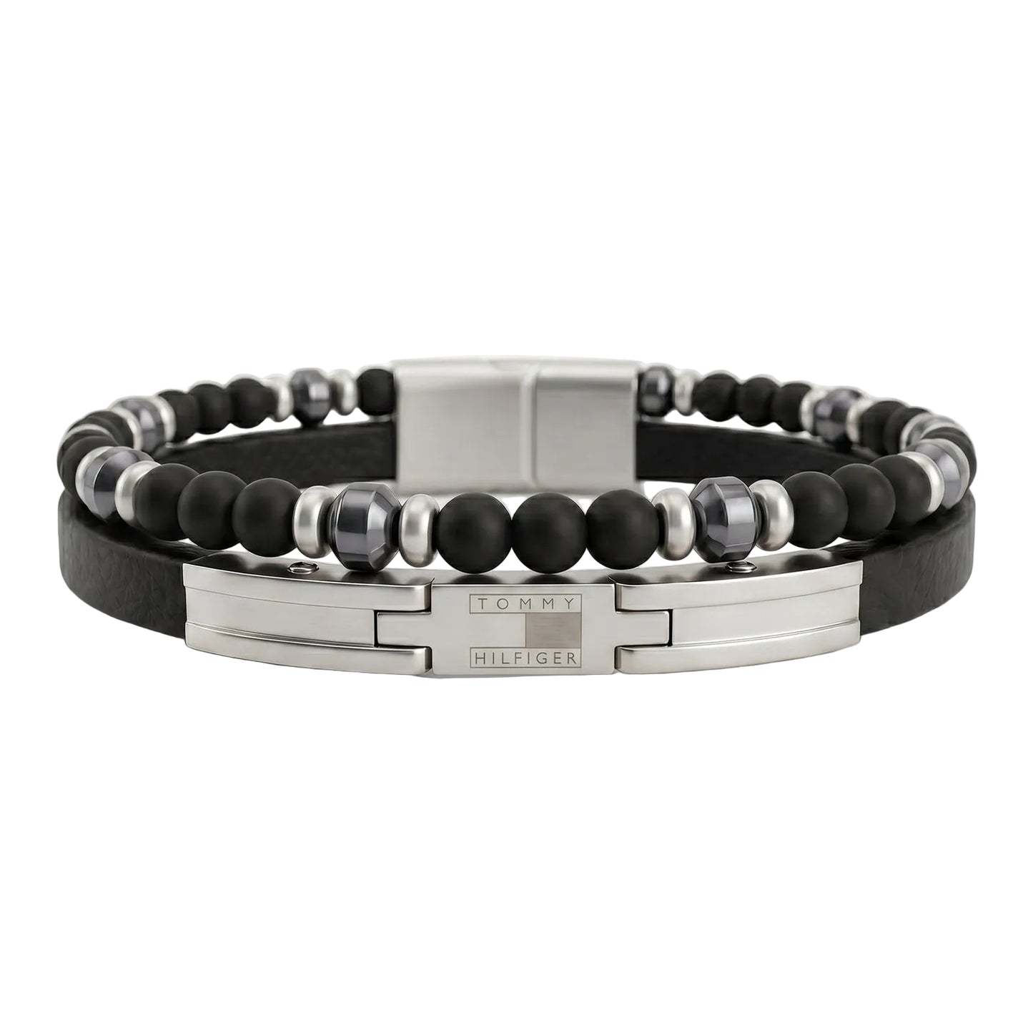 Tommy Hilfiger Men's Double Layer Leather & Beaded Stainless Steel Bracelet