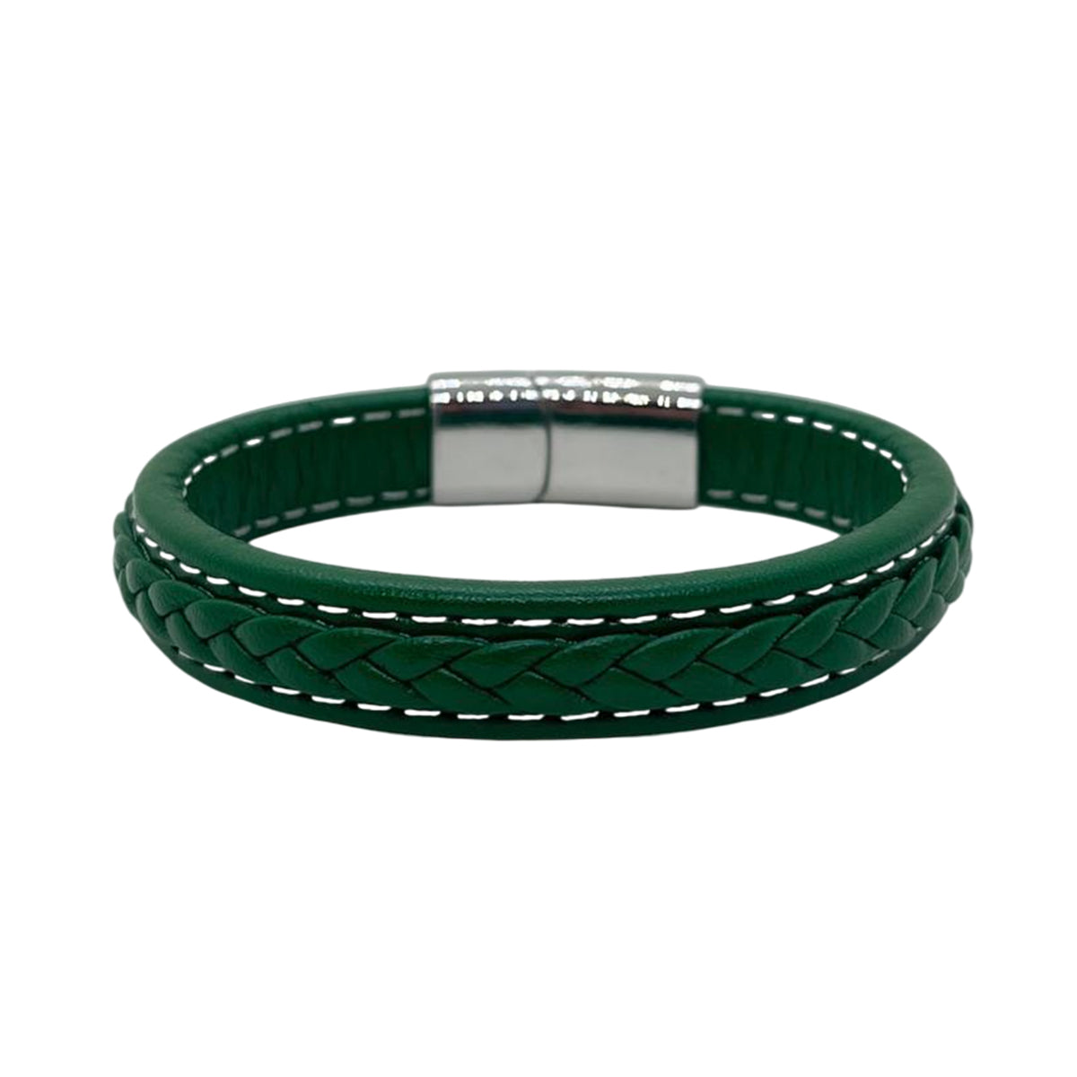 Genuine Leather Men's bracelet Green Color White Stitching