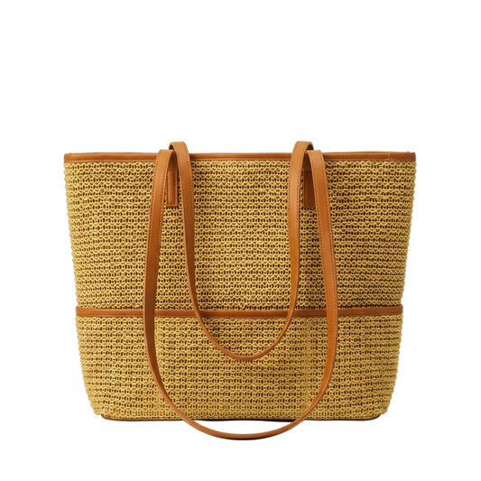Classic Woven Straw Tote Bag | Genuine Leather Trim & Handles