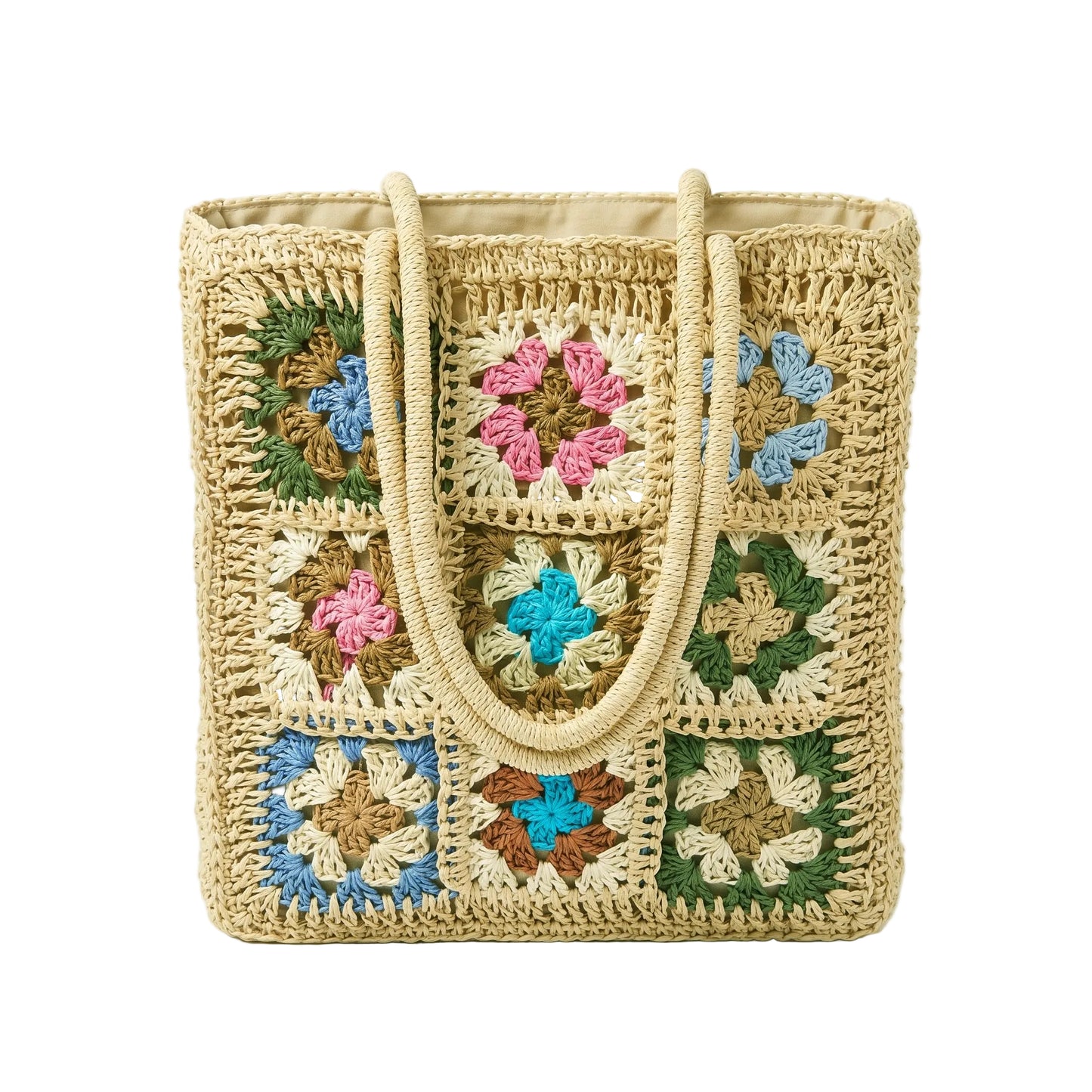 Vintage Granny Square Woven Straw Tote | Premium Natural Straw