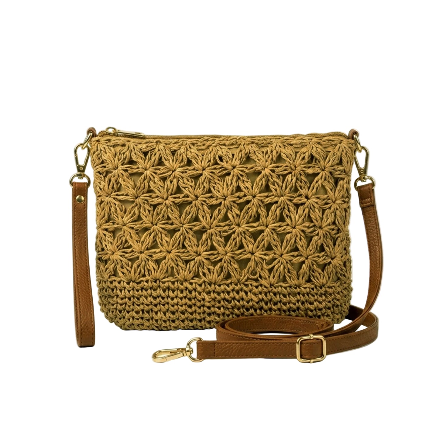 Woven Floral Straw Cross body Bag | Genuine Leather Strap