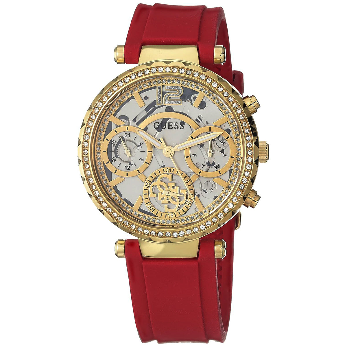 GUESS Ladies Red Strap Gold Tone Multi-function Watch | GW0484L1