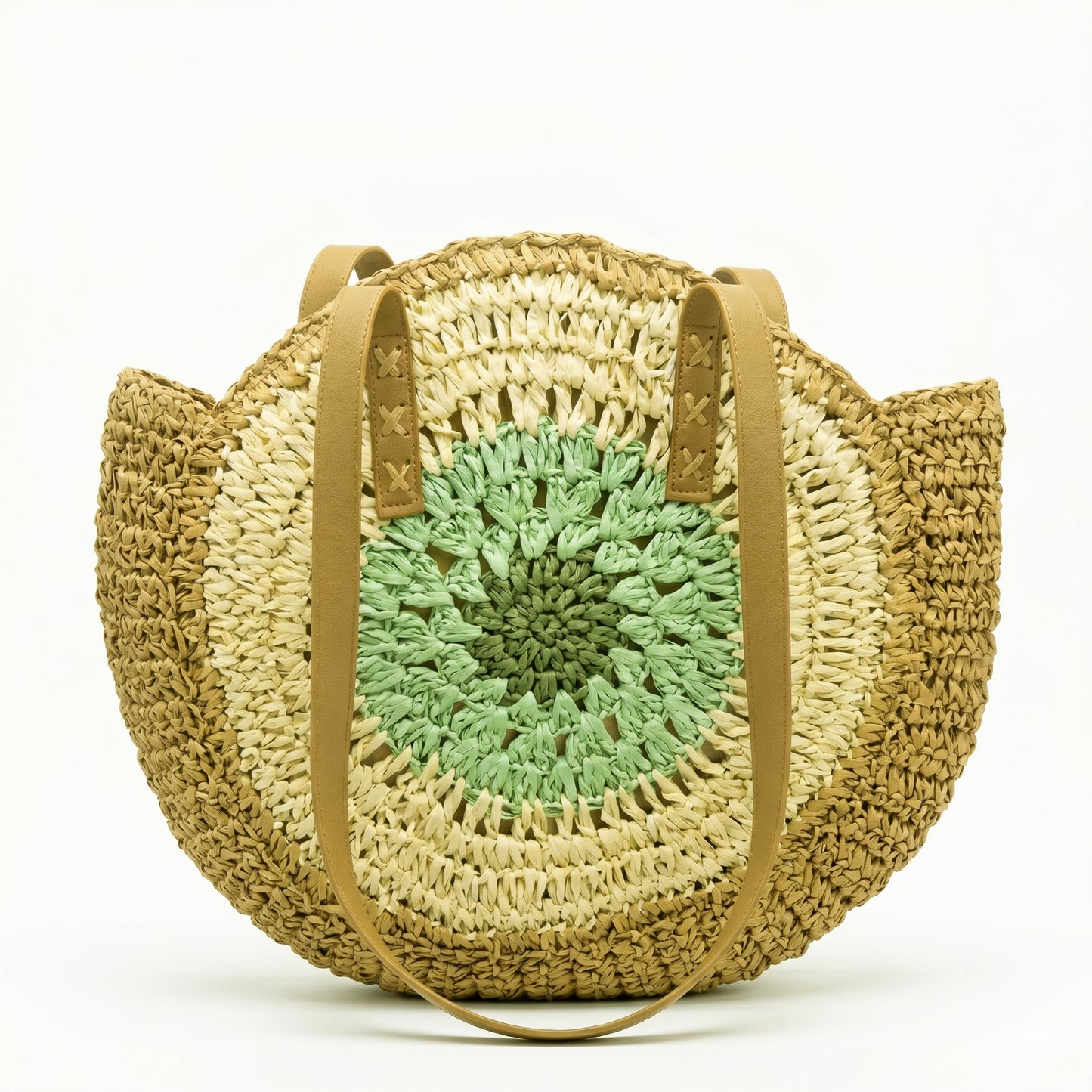 Boho Round Woven Straw Tote Bag | Genuine Leather Handles