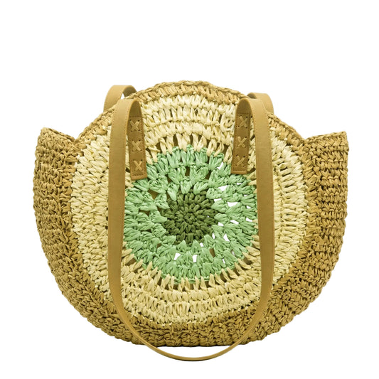 Boho Round Woven Straw Tote Bag | Genuine Leather Handles