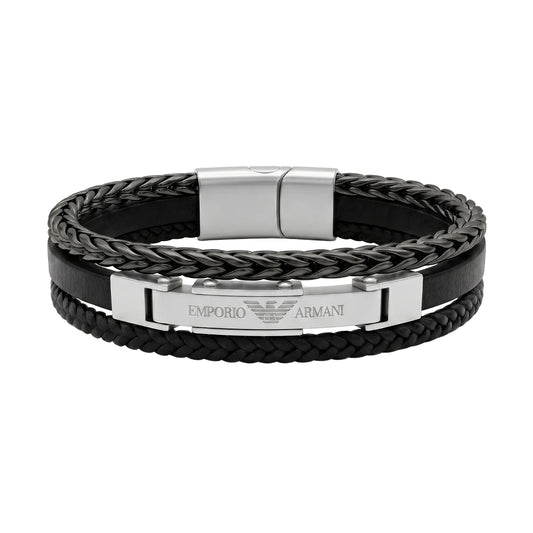 Emporio Armani Triple Layer Leather & Stainless Steel Men's Bracelet