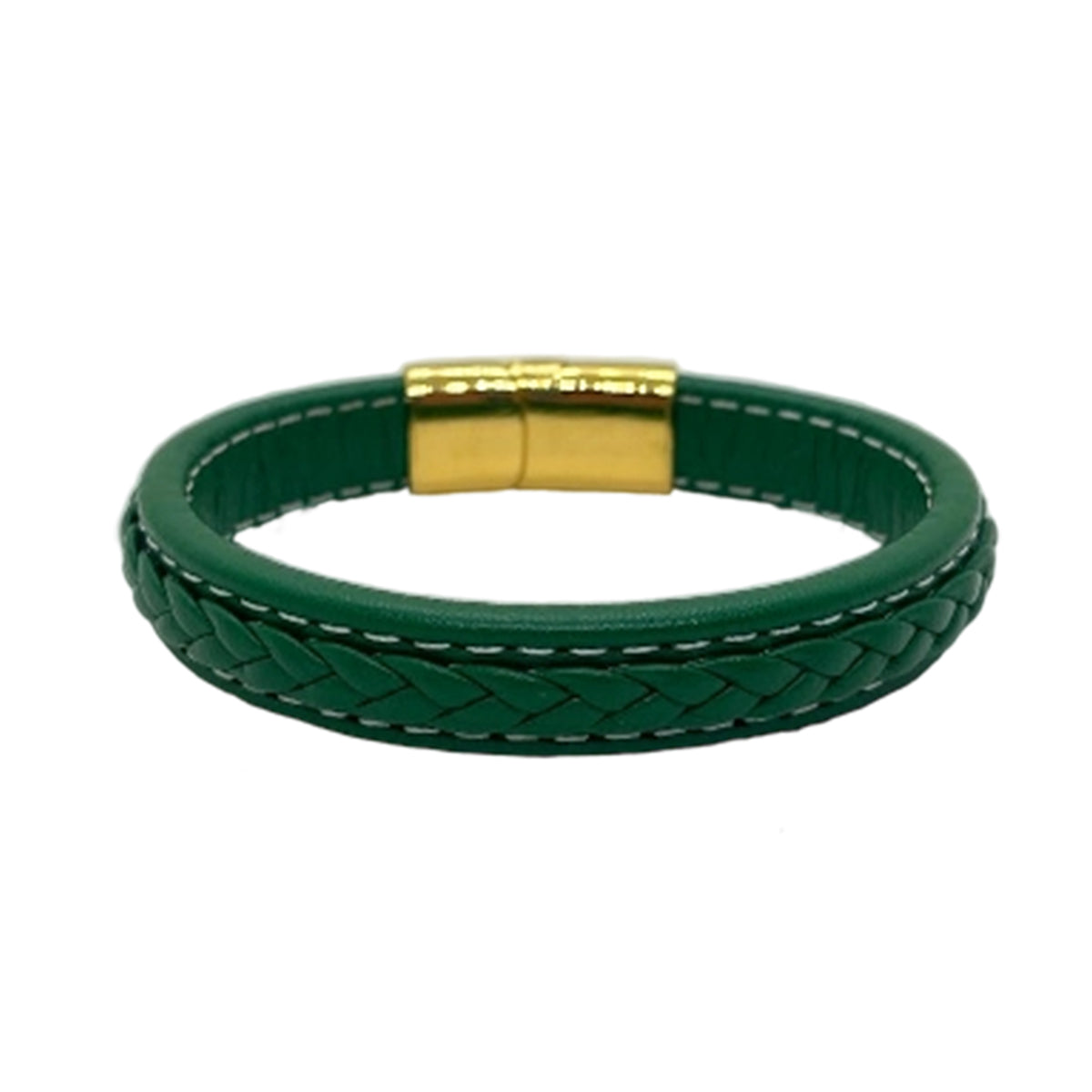 Genuine Leather Men's bracelet Green Color White Stitching