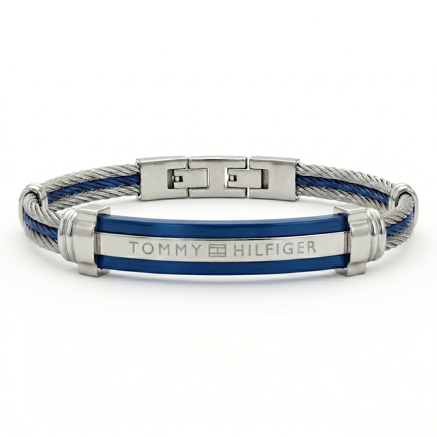 Men's Tommy Hilfiger Silver & Blue Cable Wire Bracelet | Adjustable Size
