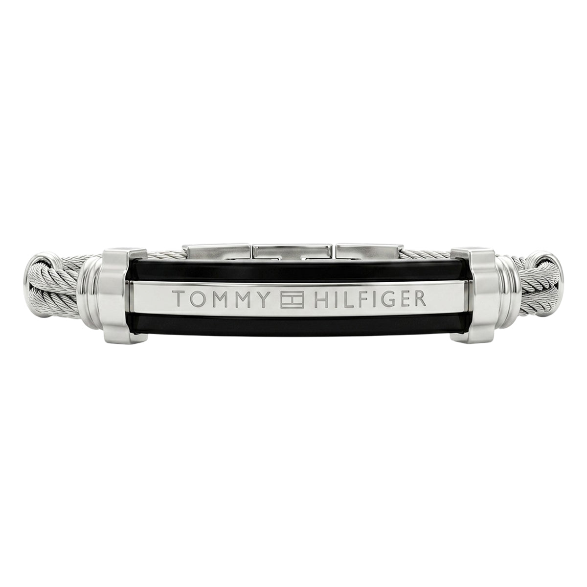 Tommy Hilfiger Silver & Black Cable Wire Bracelet | Adjustable Size