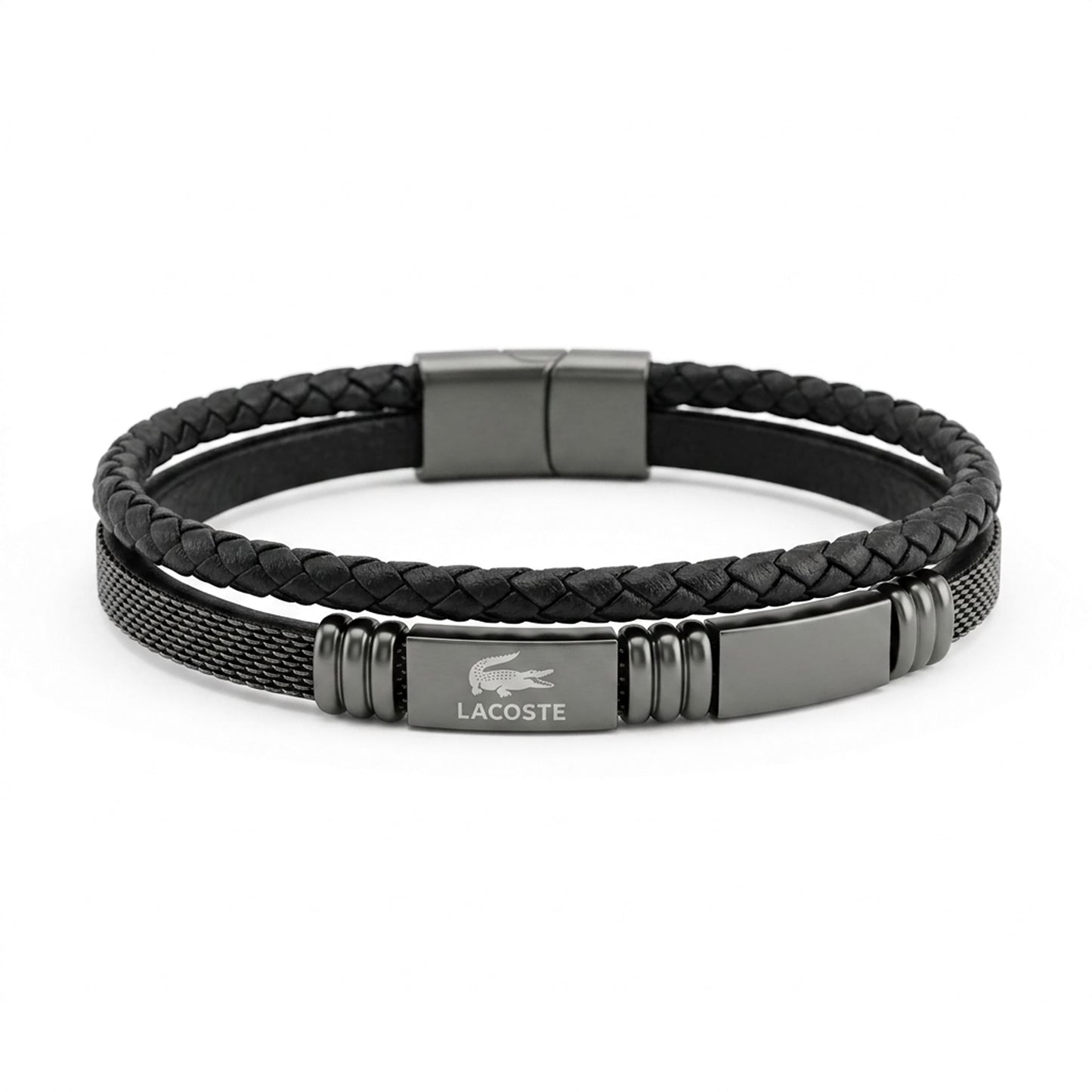 Lacoste Men's Double Layer Black Braided Leather Bracelet