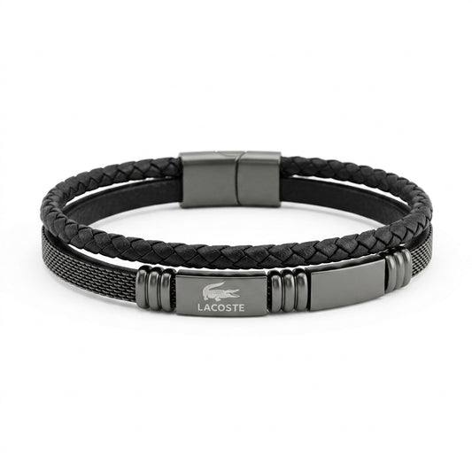 Lacoste Men's Double Layer Black Braided Leather Bracelet