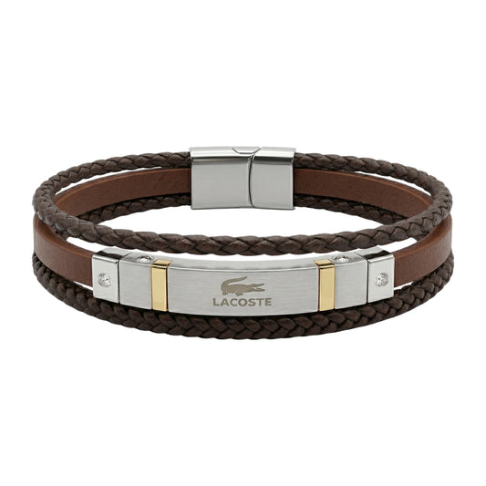 Lacoste Braided Brown Leather Bracelet with Gold Accents
