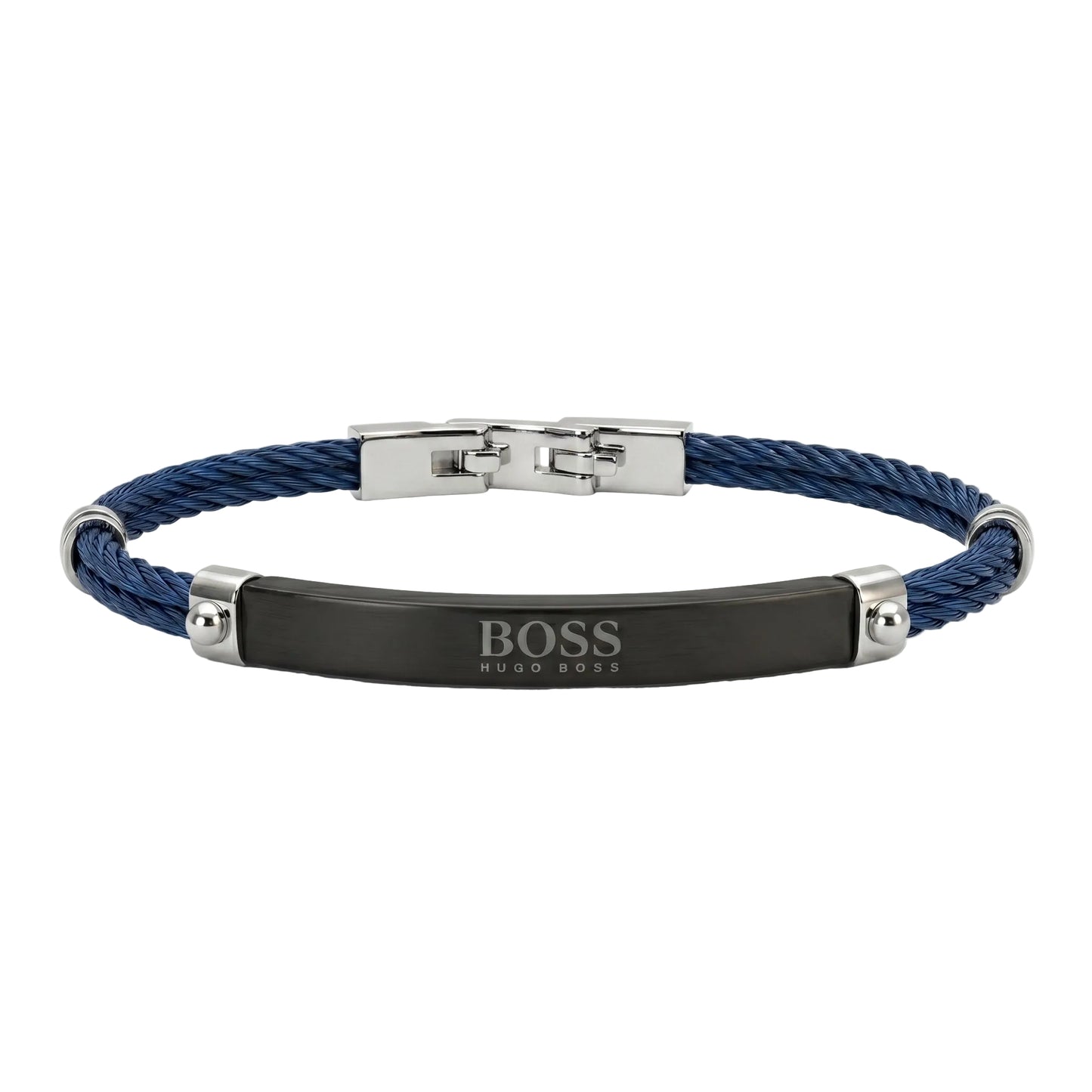 HUGO BOSS Blue Double Cable Wire Men's Bracelet - Black ID Bar