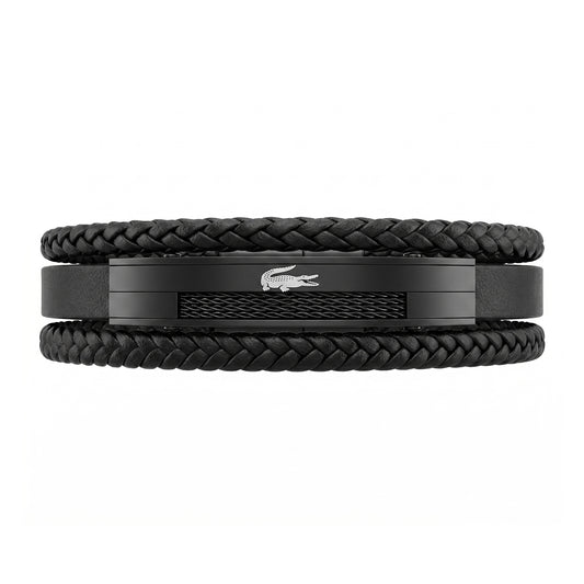 Men's Lacoste All-Black Multi-Strand Leather Bracelet | One Size
