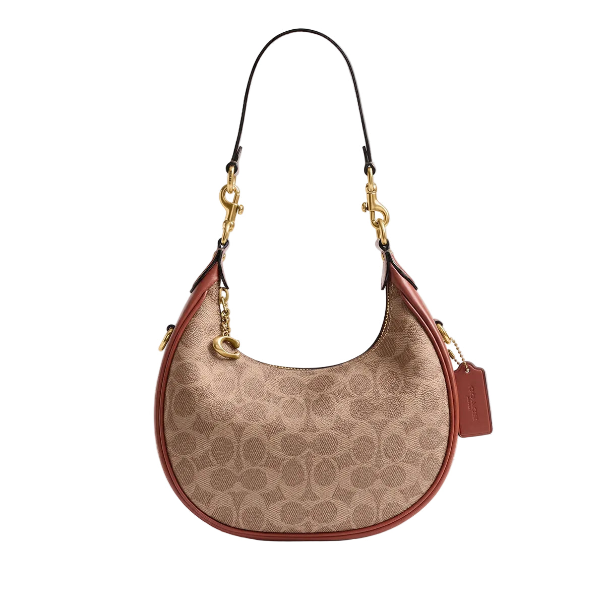 Authentic Coach Signature Canvas Crescent Shoulder Bag | Tan & Rust