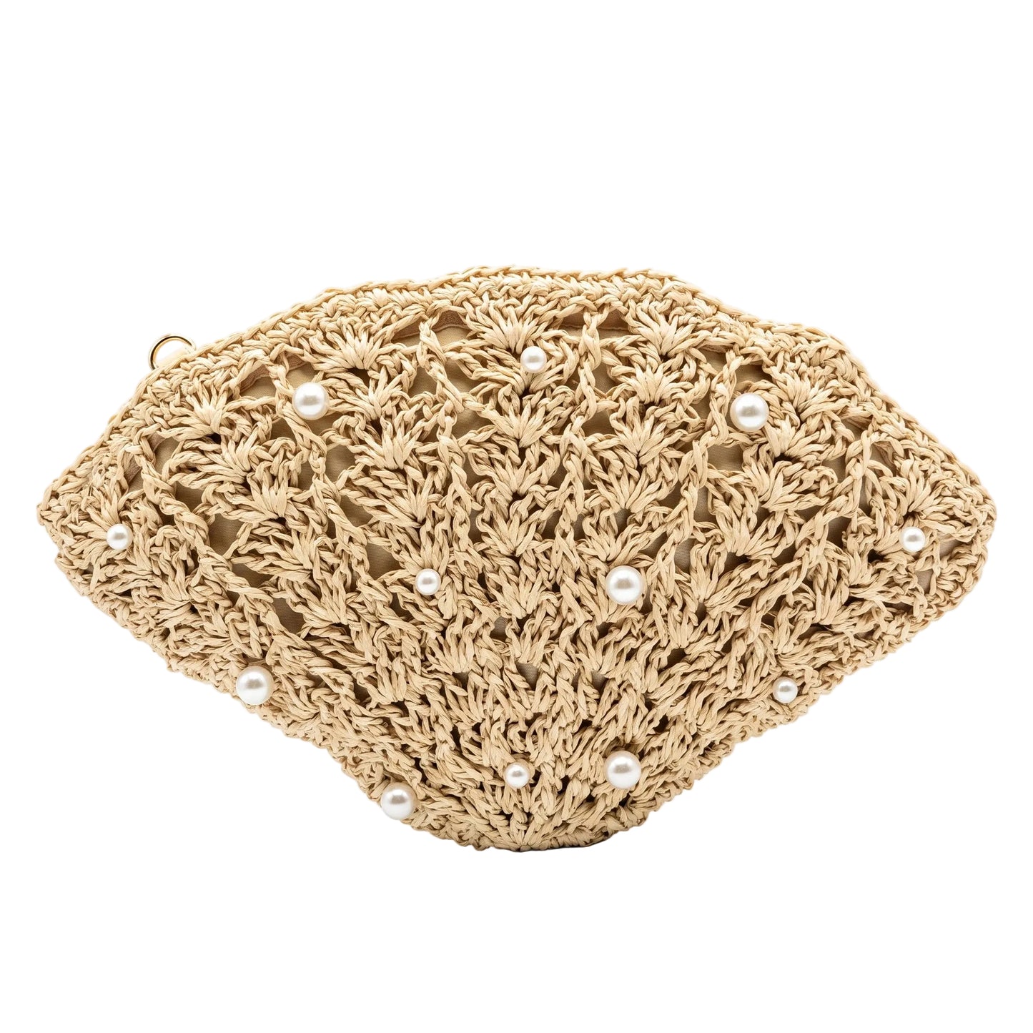 Pearl Embellished Crossbody Woven Straw Fan Clutch Bag