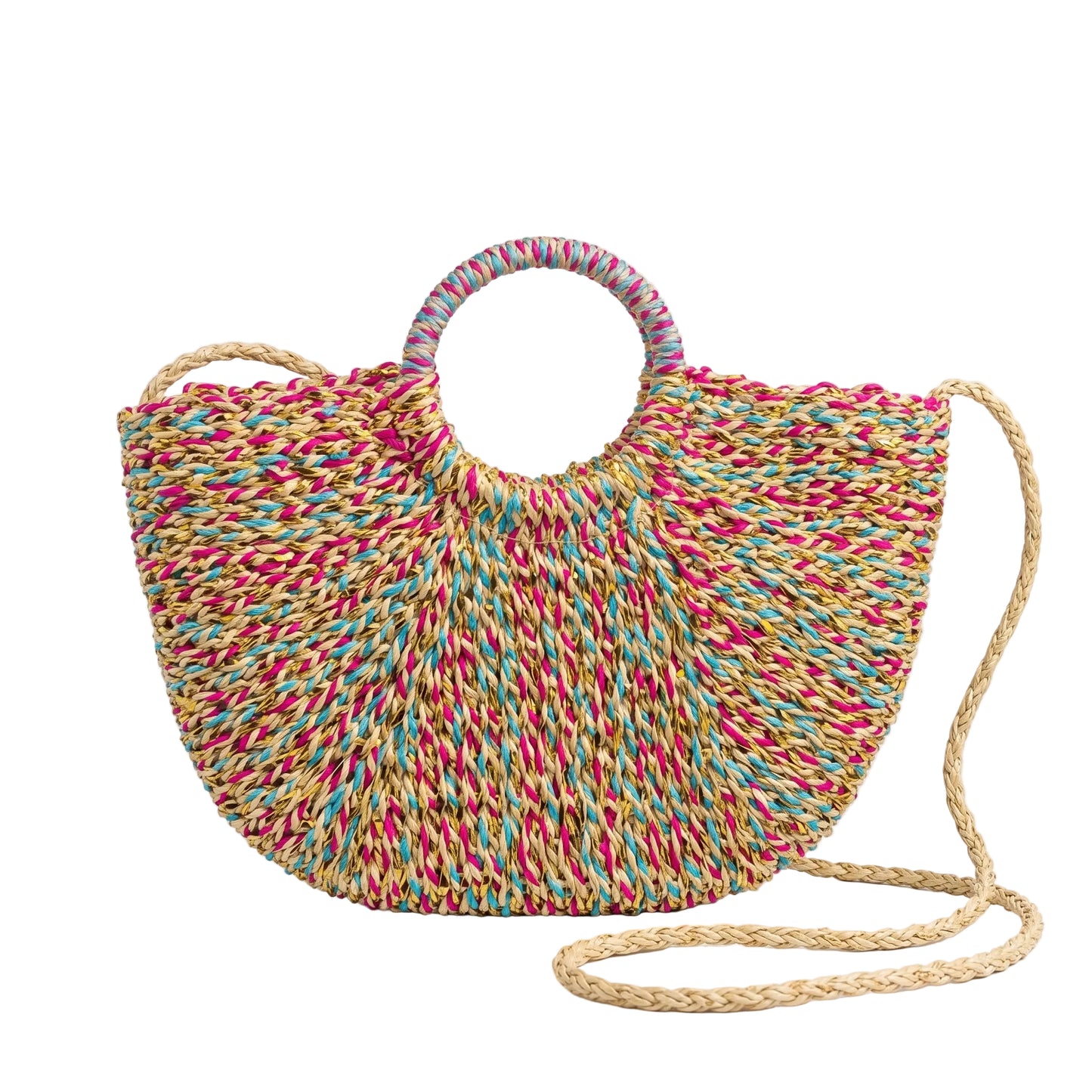 Colorful Half-Moon Woven Straw Cross body Bag | Premium Natural Straw