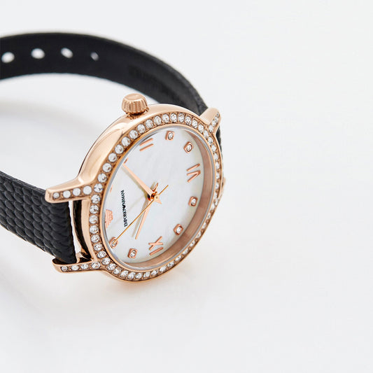 Women Watch with Black Leather Strap and White Dial | AR11485