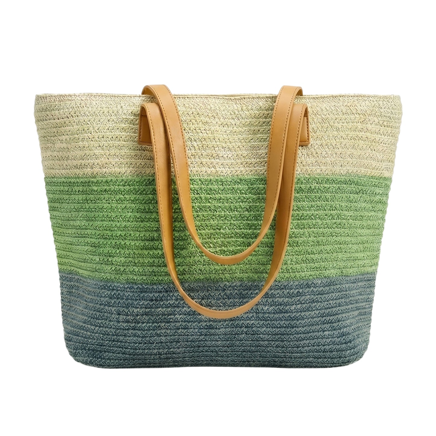 Tri-Color Woven Straw Tote Bag with Faux Leather Straps