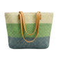 Tri-Color Woven Straw Tote Bag with Faux Leather Straps