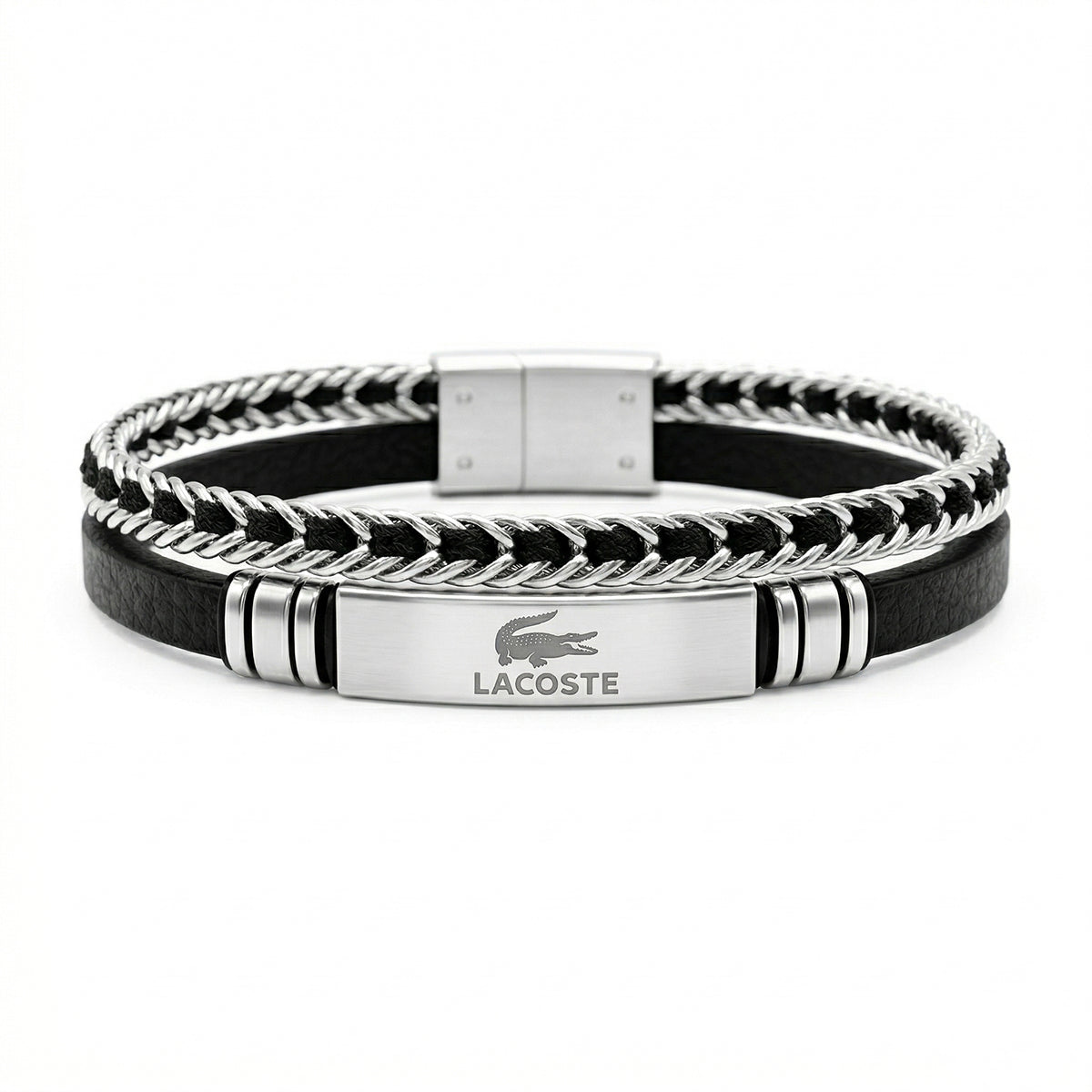 Men's Lacoste Layered Leather & Woven Chain Bracelet
