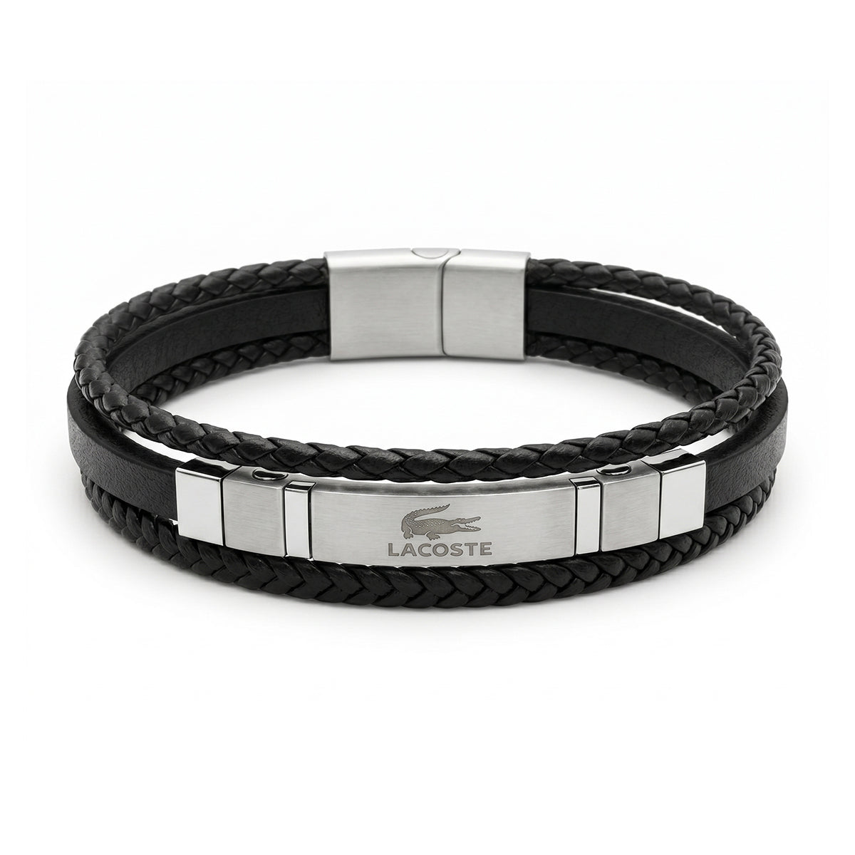 Authentic Lacoste Layered Black Leather & Steel Men's Bracelet