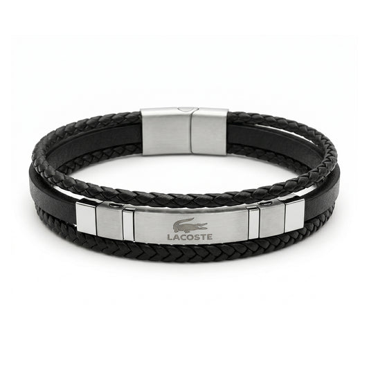 Authentic Lacoste Layered Black Leather & Steel Men's Bracelet