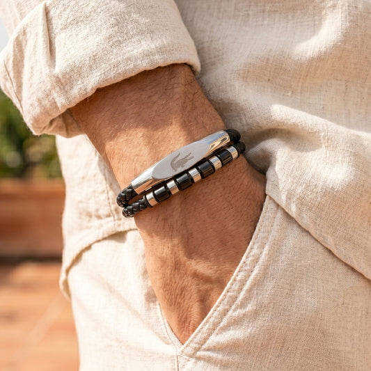 Lacoste Men's Double Layer Braided Leather & Stainless Steel Bracelet