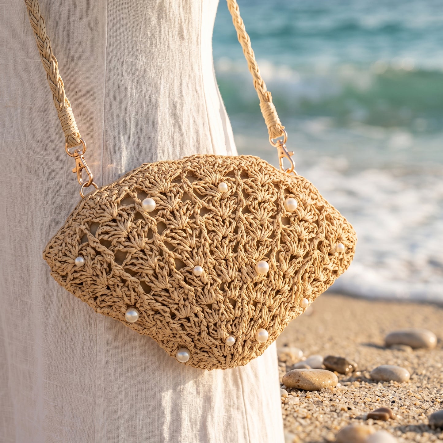 Pearl Embellished Crossbody Woven Straw Fan Clutch Bag