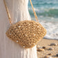 Pearl Embellished Crossbody Woven Straw Fan Clutch Bag