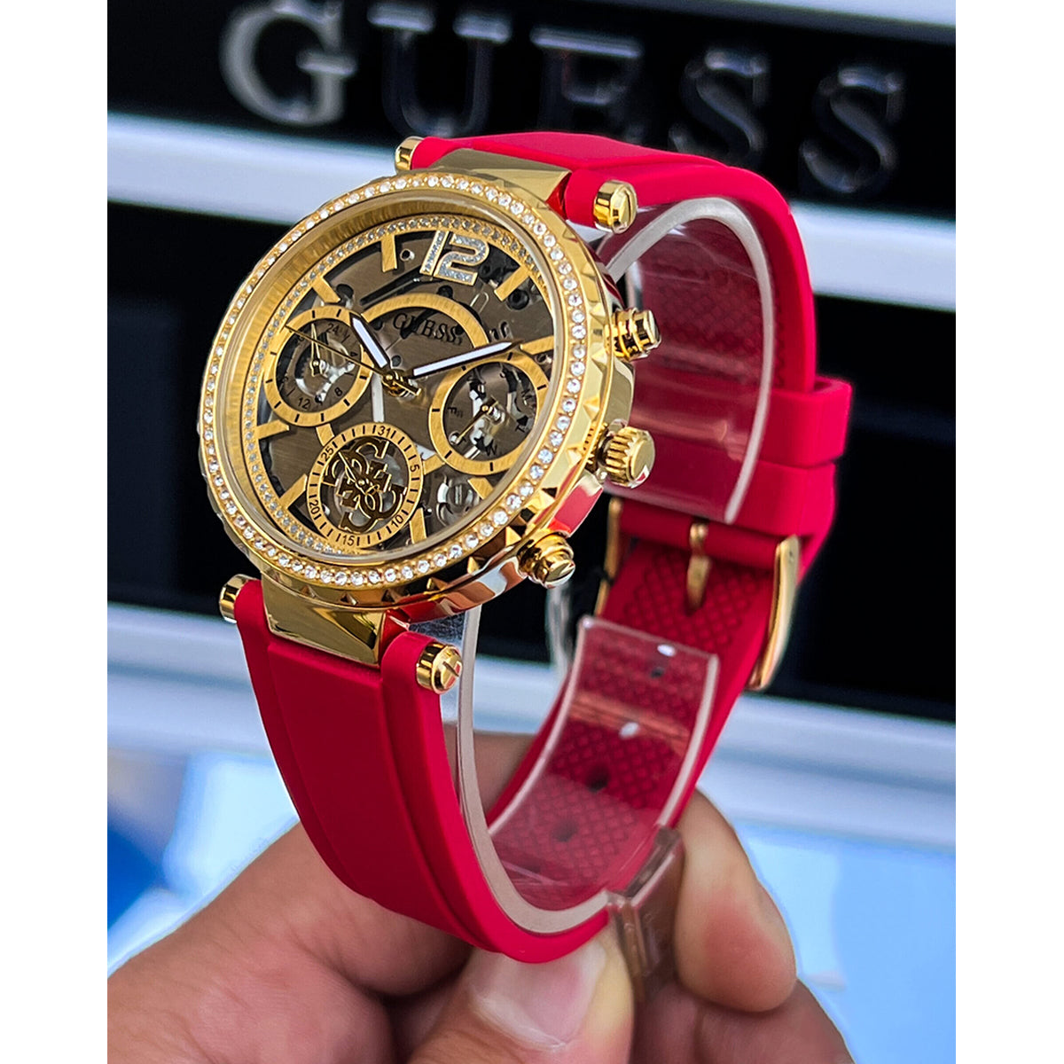 GUESS Ladies Red Strap Gold Tone Multi-function Watch | GW0484L1