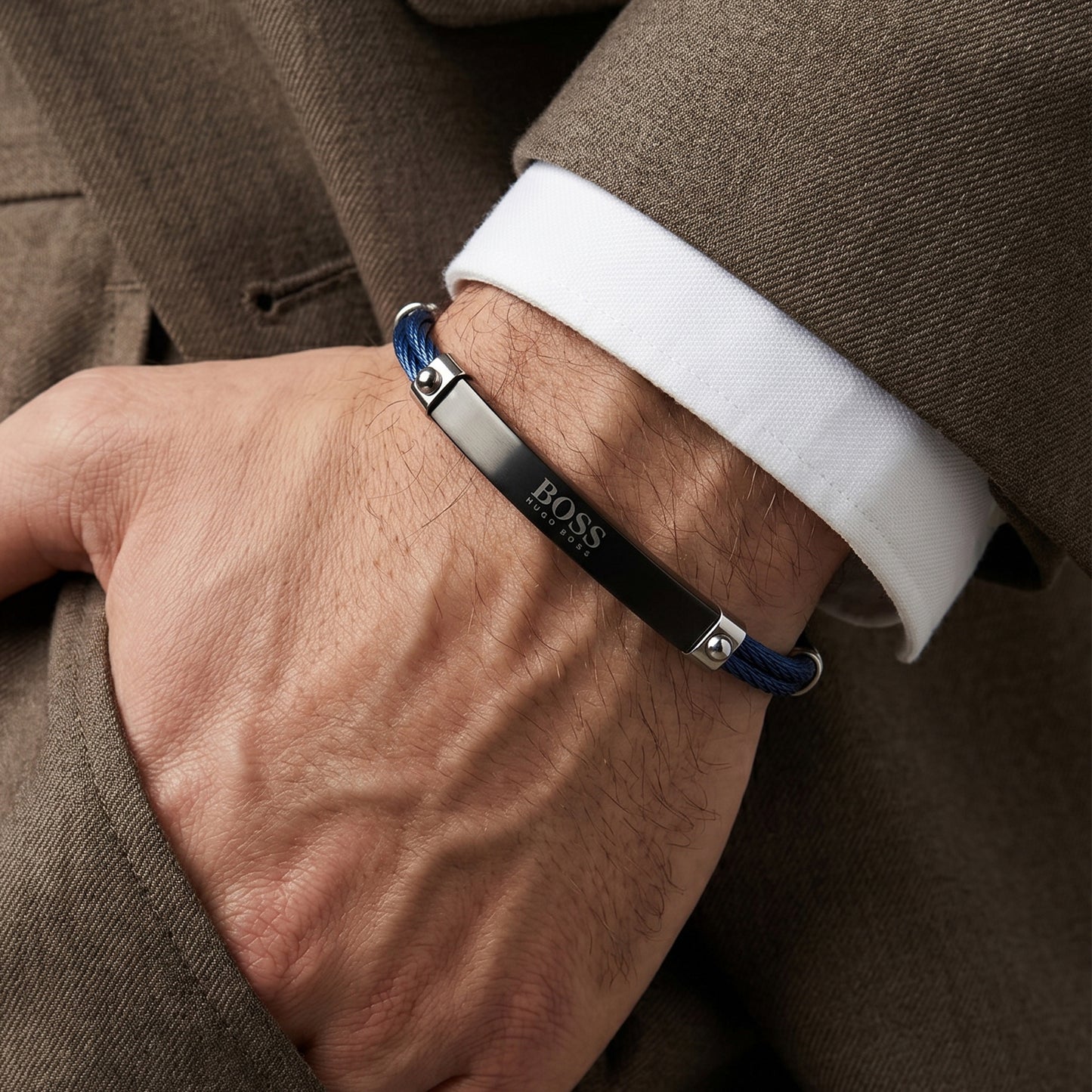 HUGO BOSS Blue Double Cable Wire Men's Bracelet - Black ID Bar
