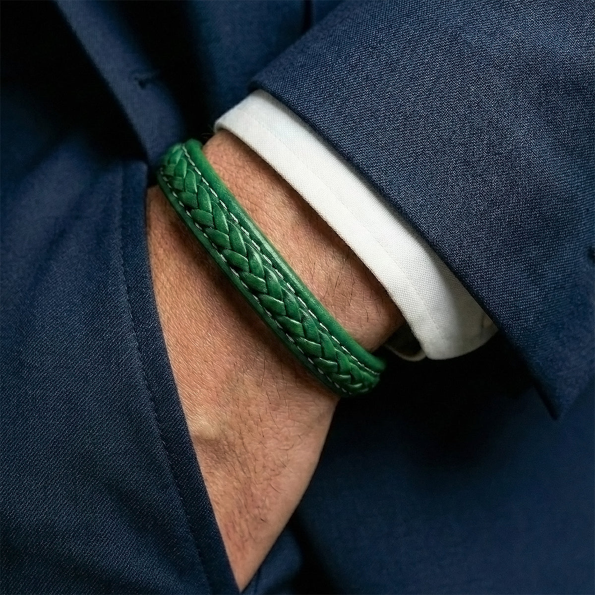 Genuine Leather Men's bracelet Green Color White Stitching