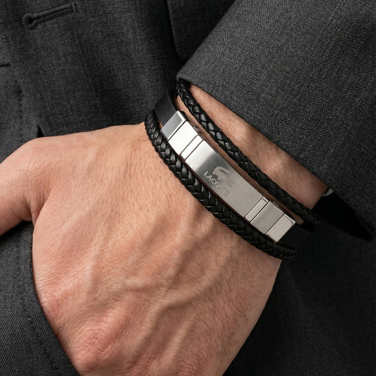 Authentic Lacoste Layered Black Leather & Steel Men's Bracelet