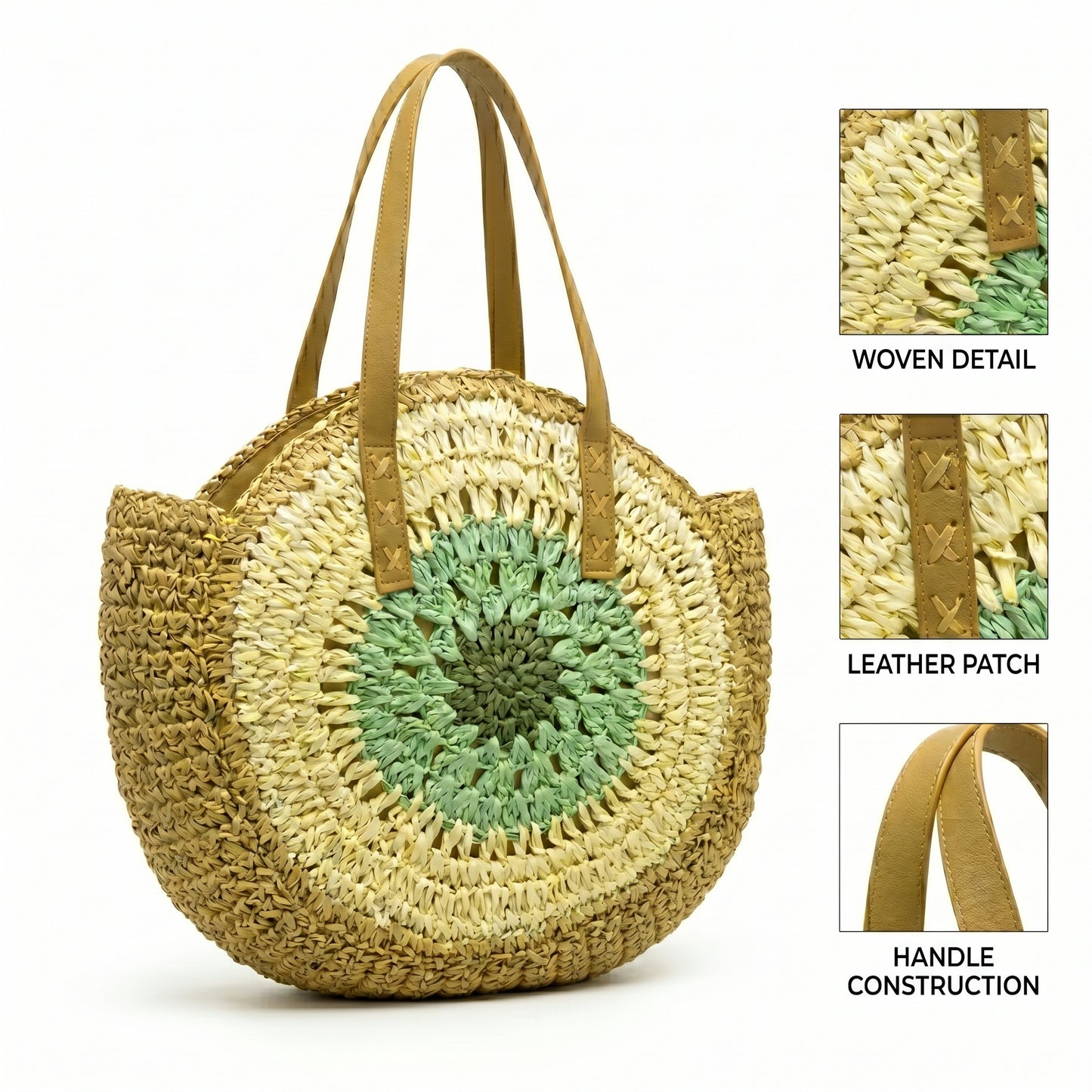 Boho Round Woven Straw Tote Bag | Genuine Leather Handles