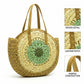 Boho Round Woven Straw Tote Bag | Genuine Leather Handles