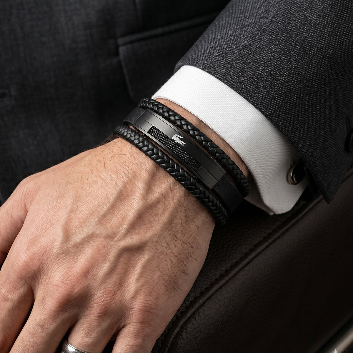 Men's Lacoste All-Black Multi-Strand Leather Bracelet | One Size