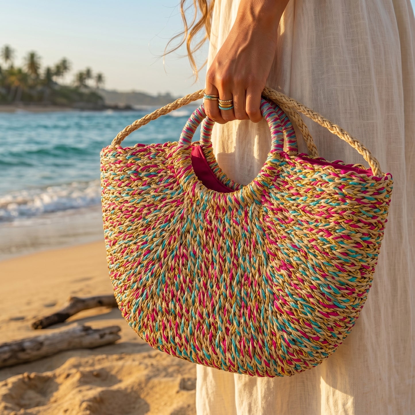 Colorful Half-Moon Woven Straw Cross body Bag | Premium Natural Straw
